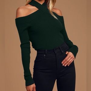 Lulus Dark Green Ribbed Cold Shoulder Sweater Top